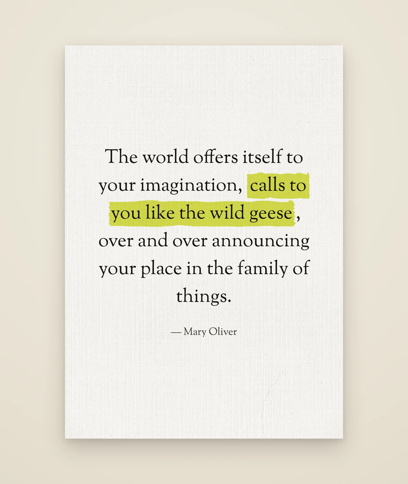 The world offers itself to your imagination, calls to you like the wild geese, over and over announcing your place in the family of things.